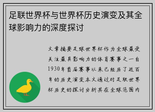 足联世界杯与世界杯历史演变及其全球影响力的深度探讨