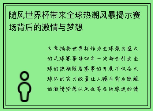 随风世界杯带来全球热潮风暴揭示赛场背后的激情与梦想